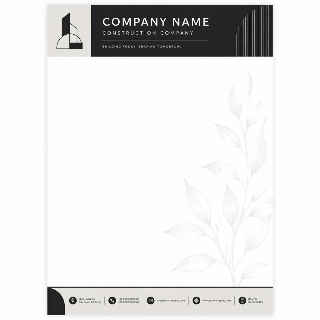 A4 portrait letterhead template with monochrome Bauhaus header, footer placeholders, botanical watermark, and wide body area