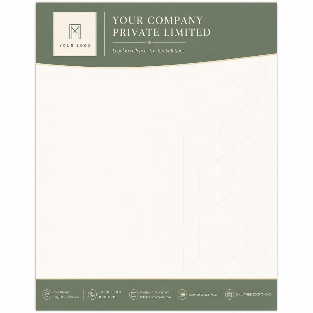 A4 portrait legal company letterhead template with sage and ivory header band, footer strip, geometric watermark, and large body area.