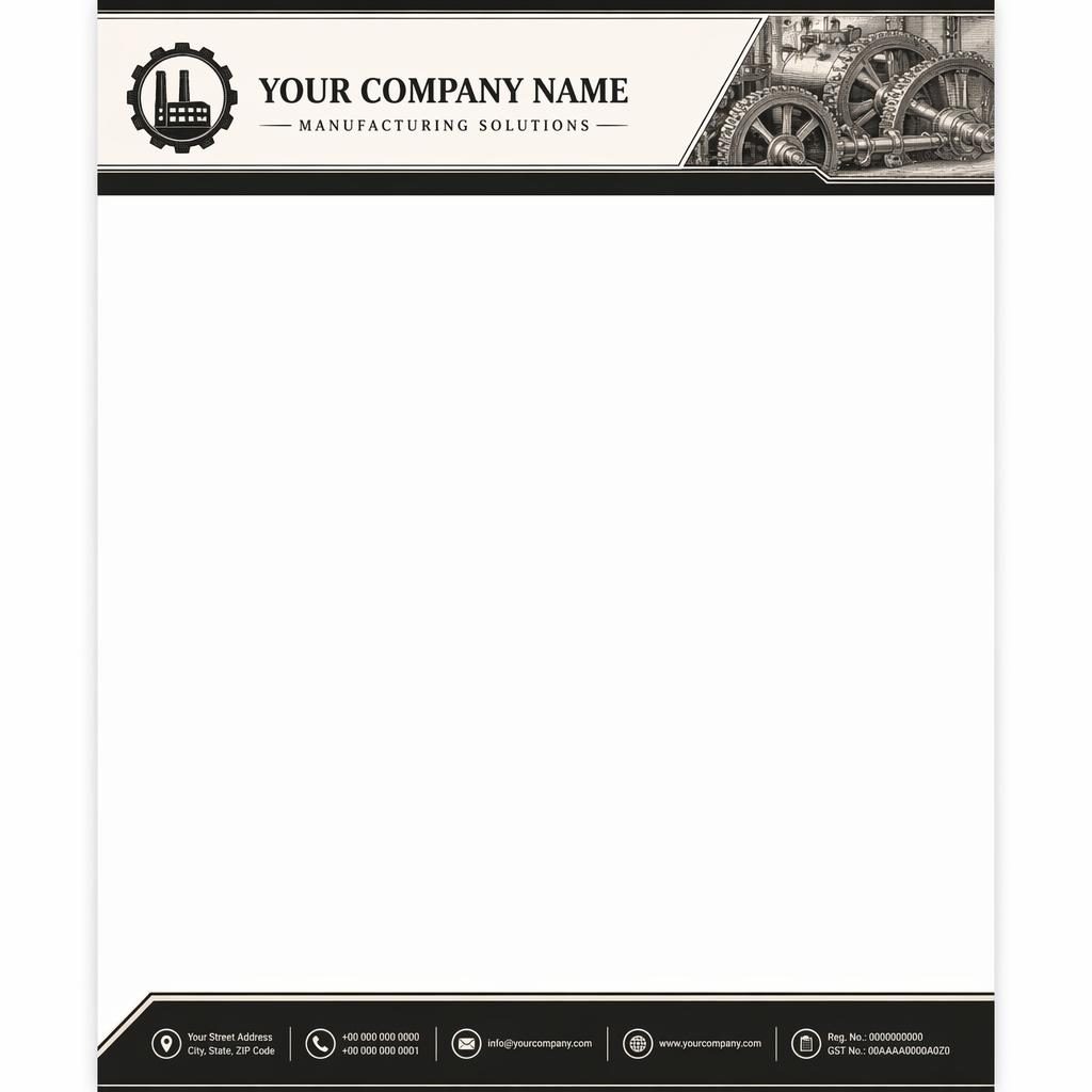A4 portrait manufacturing letterhead with engraved black and warm white header band, footer strip, logo and contact placeholders
