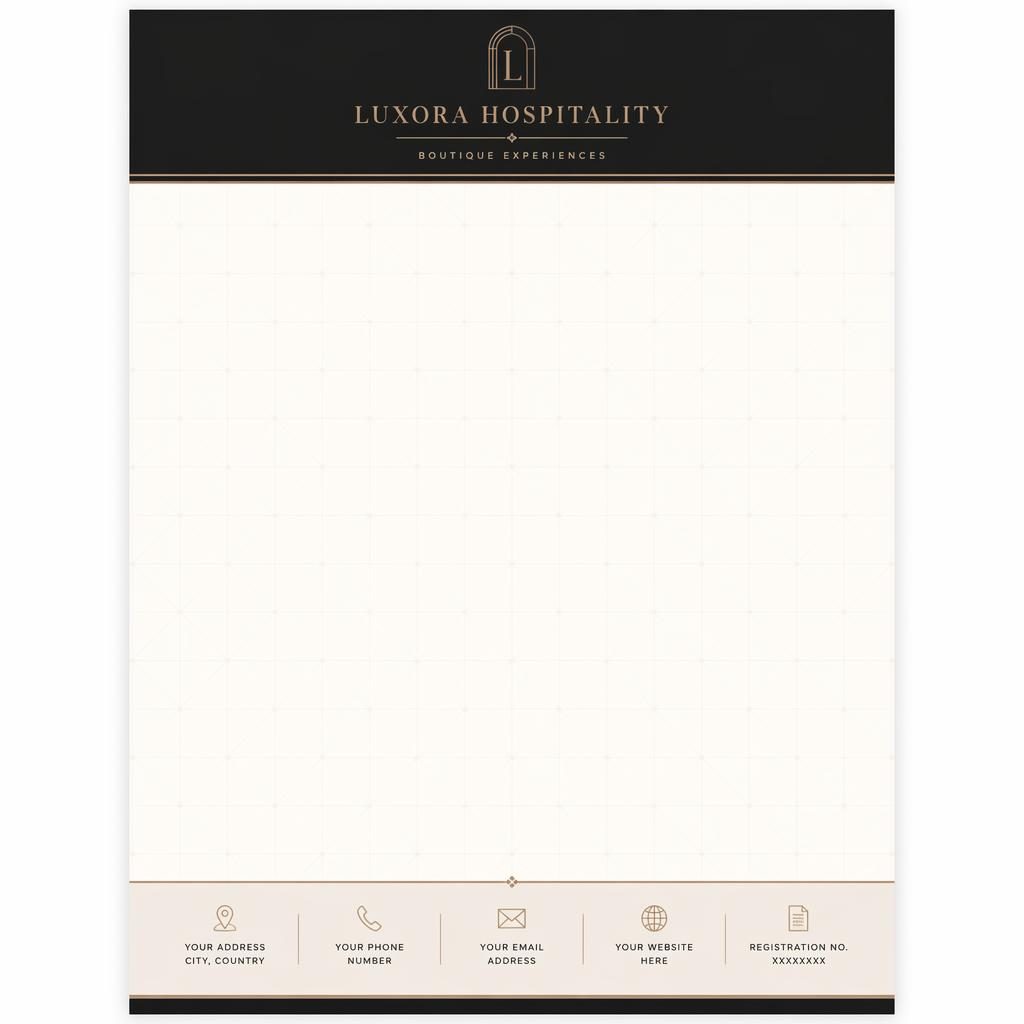 A4 portrait luxury hospitality letterhead template with header band, footer strip, grid watermark, and large body area