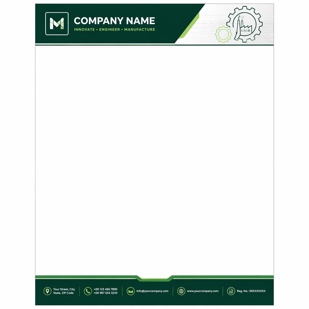 A4 portrait letterhead template with forest green header band, footer strip, logo placeholder, and wide body area