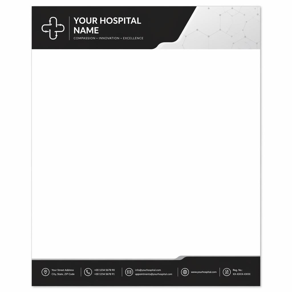 A4 portrait hospital doctor letterhead design with monochrome header band, placeholder logo, footer strip, and large body area