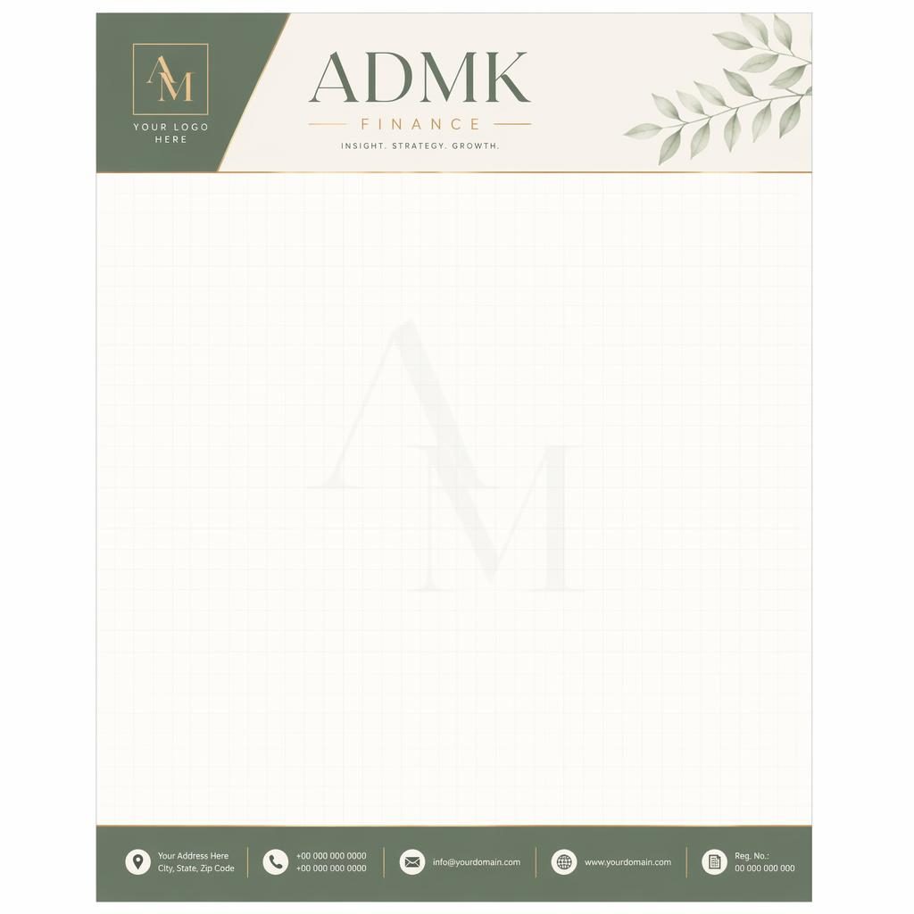 A4 portrait finance letterhead template in sage and ivory with header band, footer strip, grid watermark, and wide body area.