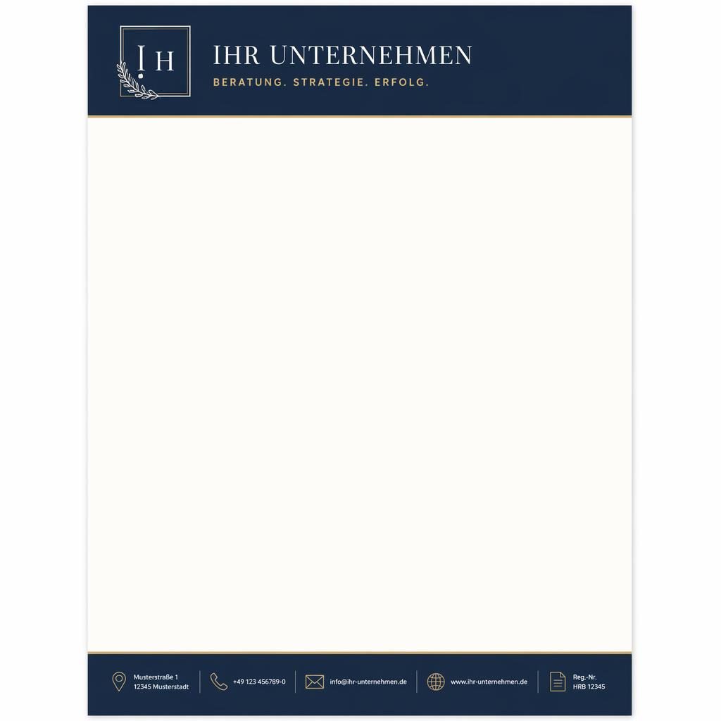 A4-Briefkopf-Vorlage in Navy und Creme mit Kopfzeile, Platzhalter-Logo, Firmennamen und Footer-Leiste