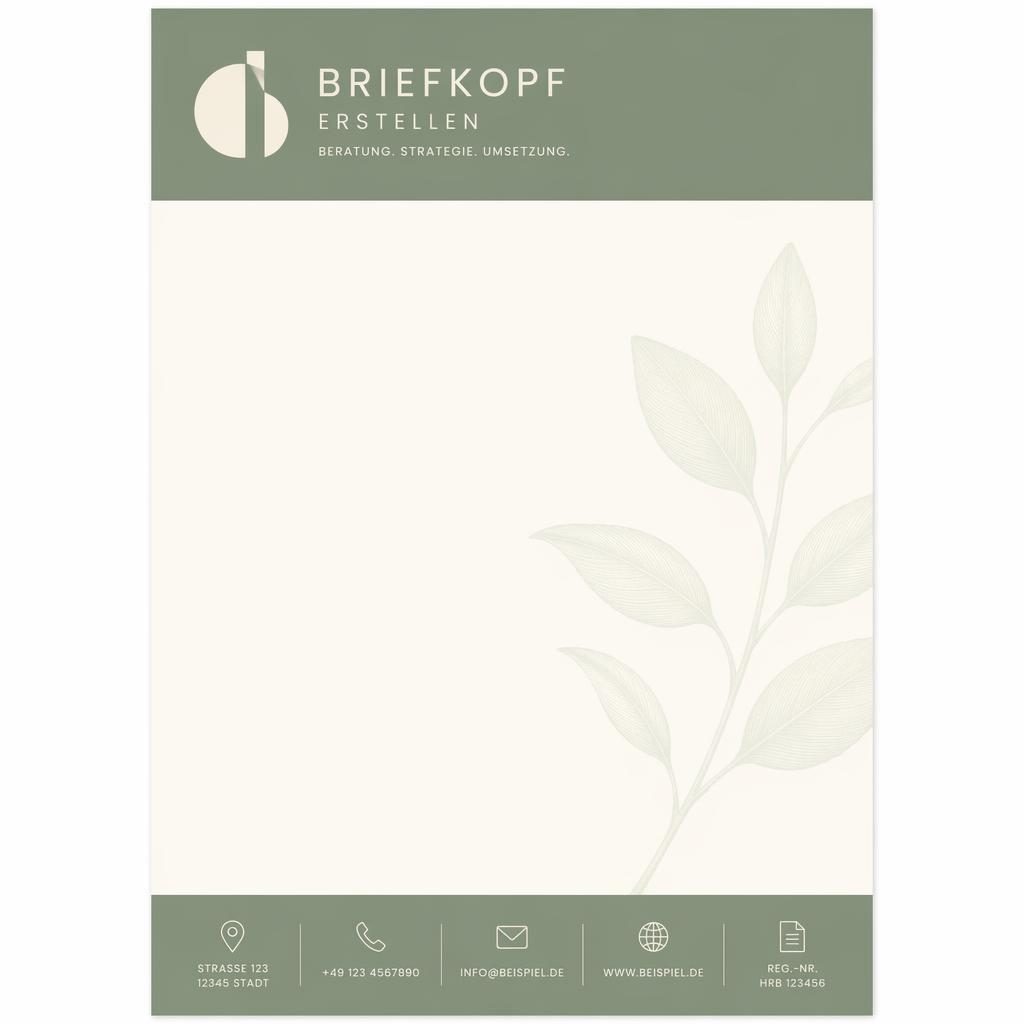 A4-Briefkopfvorlage im Bauhaus-Stil mit Kopfband, Platzhalterlogo, Fußleiste und botanischem Wasserzeichen