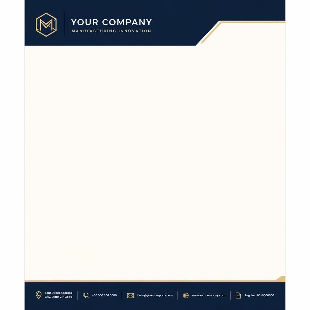 A4 portrait letterhead template with navy header band, cream accents, logo placeholder, footer contact strip, and wide text area.