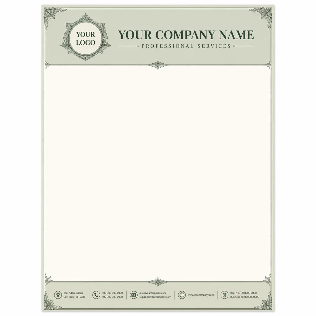 A4 portrait letterhead template in sage and ivory with engraved-style header band, footer strip, logo placeholder, and wide text area.