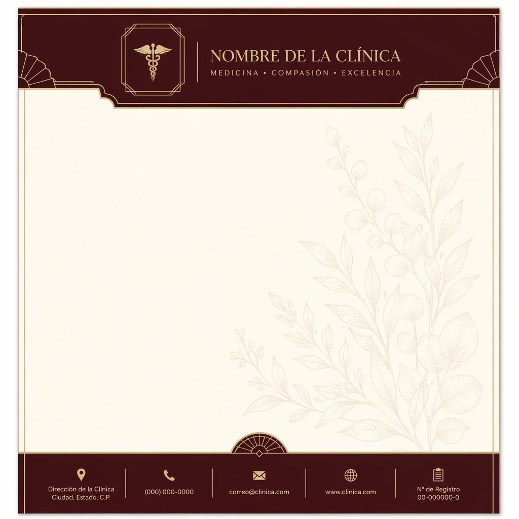 Plantilla de membrete médico A4 vertical en estilo art déco, con banda superior, pie informativo e ilustración botánica suave.