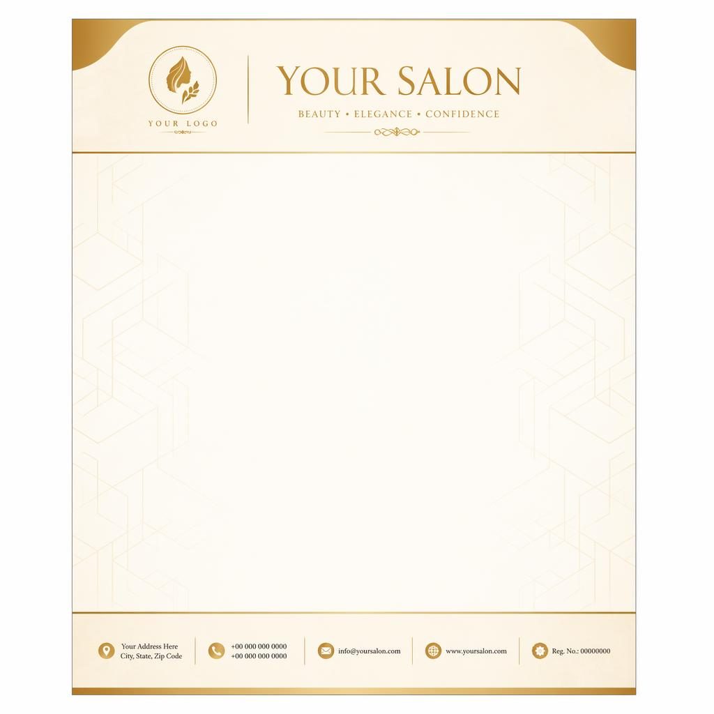 A4 portrait beauty salon letterhead template with gold and cream header, serif style, geometric watermark, and footer placeholders.