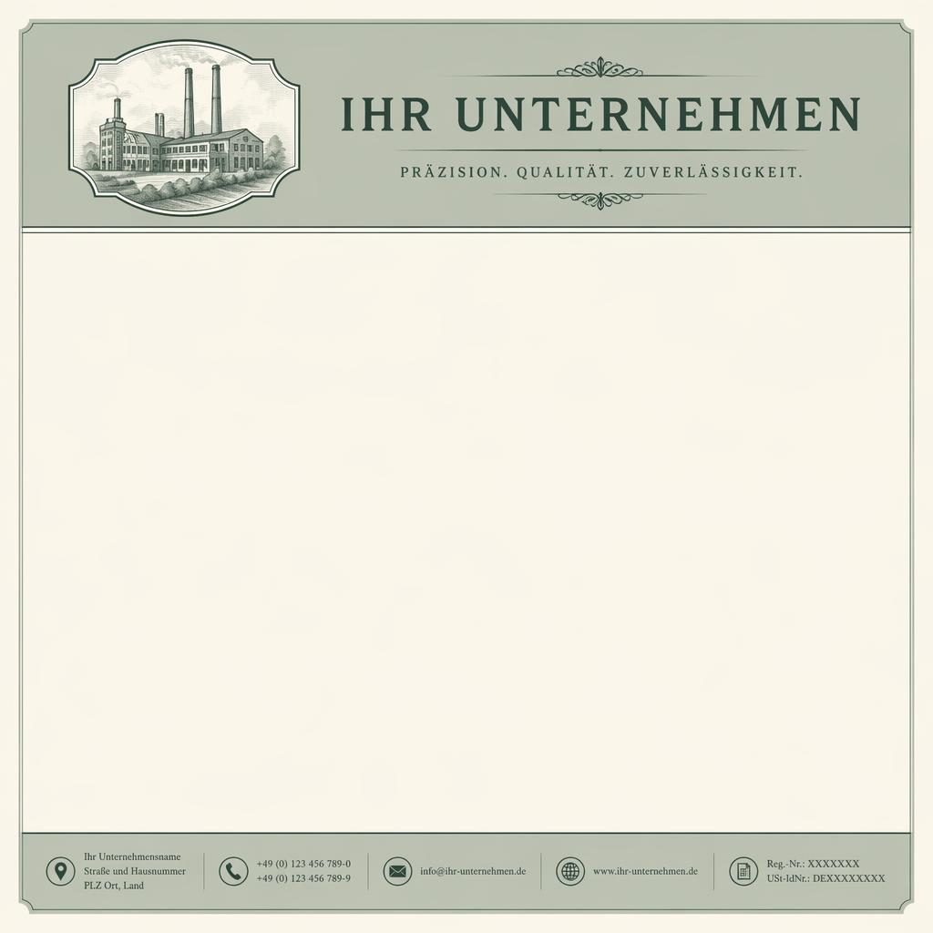 A4-Briefpapier im traditionellen Gravur-Stil in Salbei und Elfenbein mit Kopfzeile, Platzhalter-Logo und Fußleiste