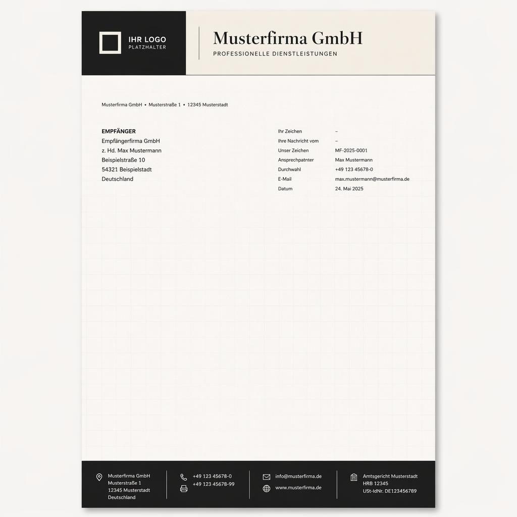 A4-Briefkopf in Schwarz und Warmweiß mit Header, Logo-Platzhalter, Adressfeld für Absender und Empfänger und Footer