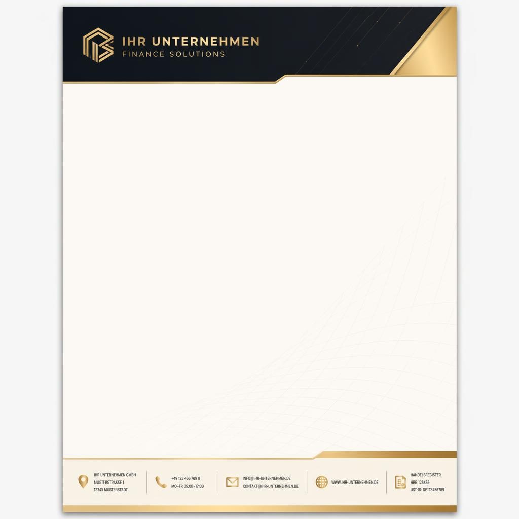 A4-Briefkopfvorlage im Hochformat mit Gold-Creme-Farbwelt, Kopfband, Fußleiste, Platzhaltern und feinem Raster-Wasserzeichen.