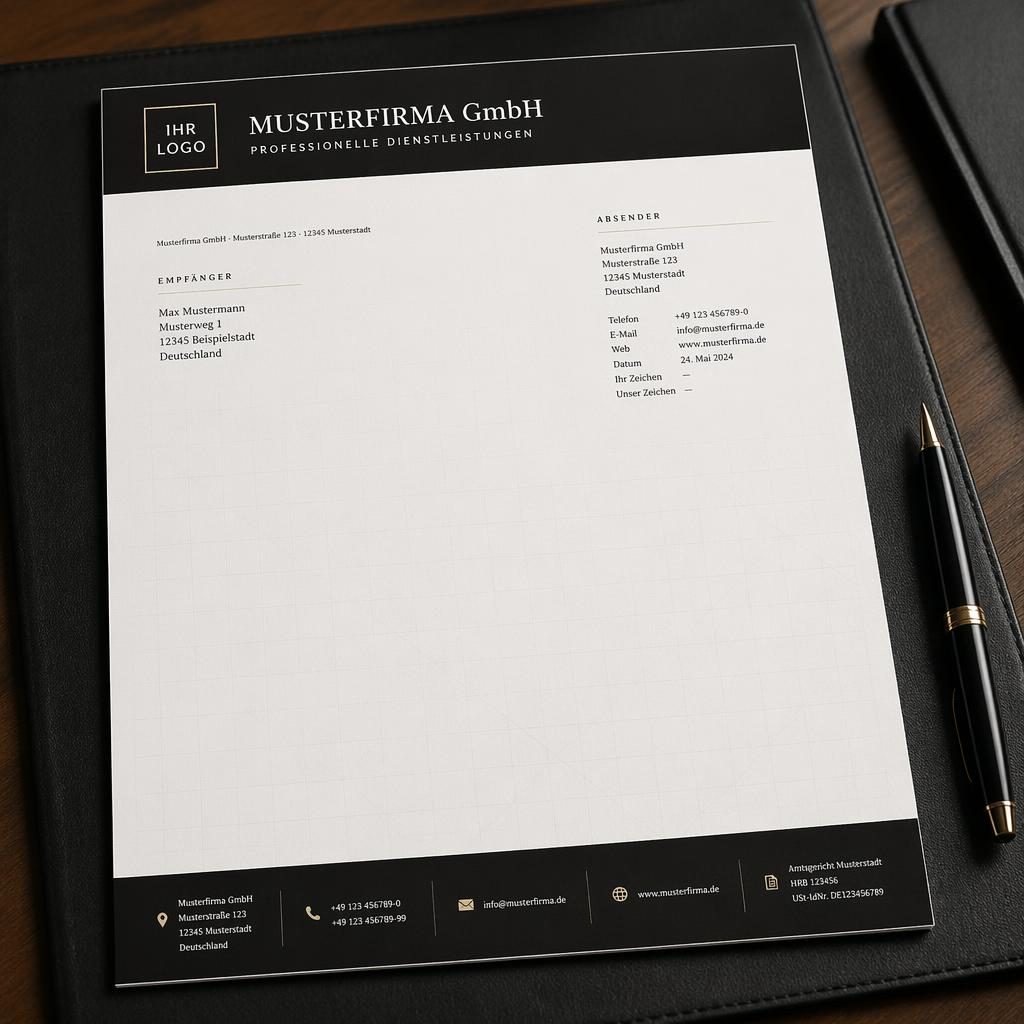 A4-Briefpapier von Musterfirma GmbH mit Kopfzeile, Absender-Empfänger-Adressblock, großem Textbereich und Fußzeile