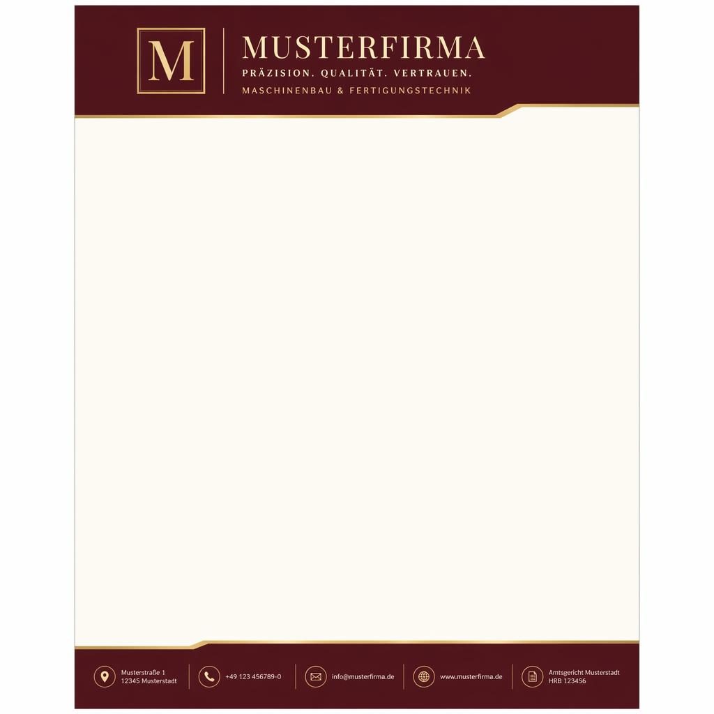 A4-Briefkopf im Hochformat mit bordeauxfarbener Kopfzeile, cremefarbenem Layout, Logo-Platzhalter und Fußleiste