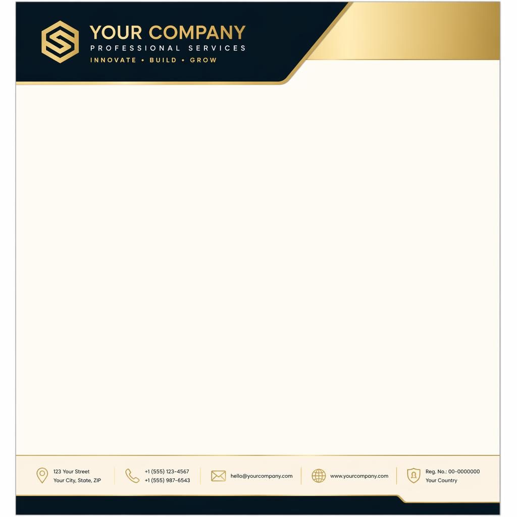 A4 portrait letterhead template with a gold and cream header band, placeholder logo, footer contact strip, and wide body area.
