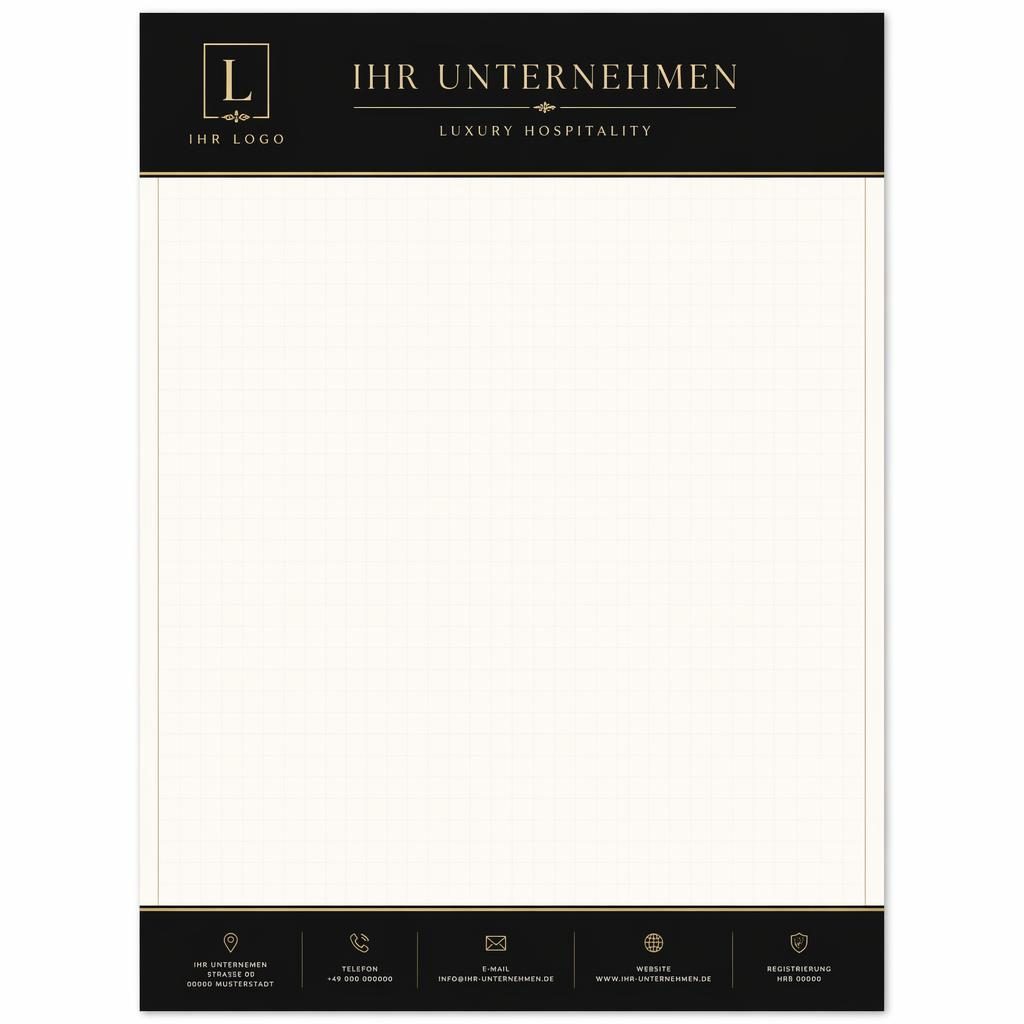 Elegante A4-Briefbogen-Vorlage in Schwarz und Warmweiß mit Serifenschrift, Kopfband, Fußleiste und feinem Raster.