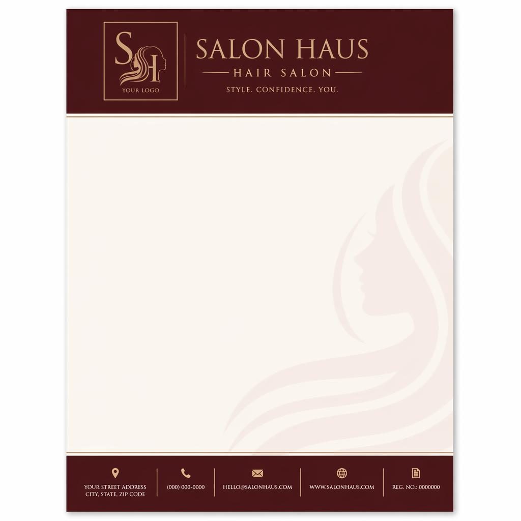 A4 portrait hair salon letterhead template with burgundy header, cream layout, footer strip, logo placeholder, and soft band watermark.