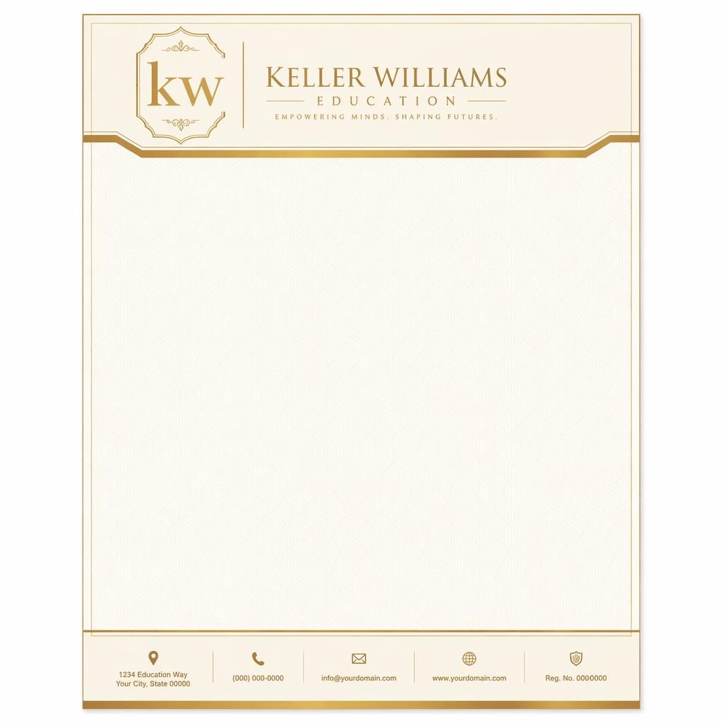 A4 portrait letterhead template with gold and cream engraved styling, header band, footer strip, geometric watermark, and wide text area.