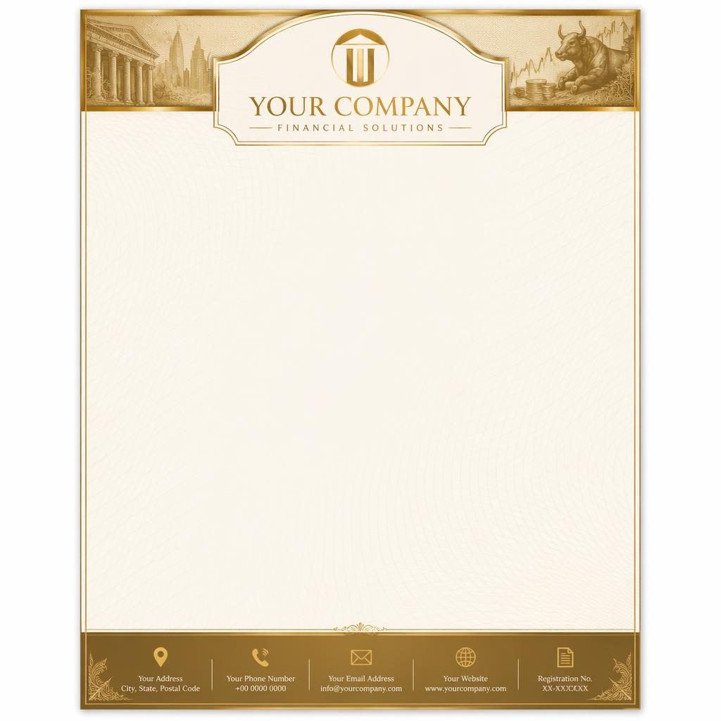A4 portrait letterhead with engraved gold and cream header band, logo placeholder, footer contact strip, and subtle grid watermark.