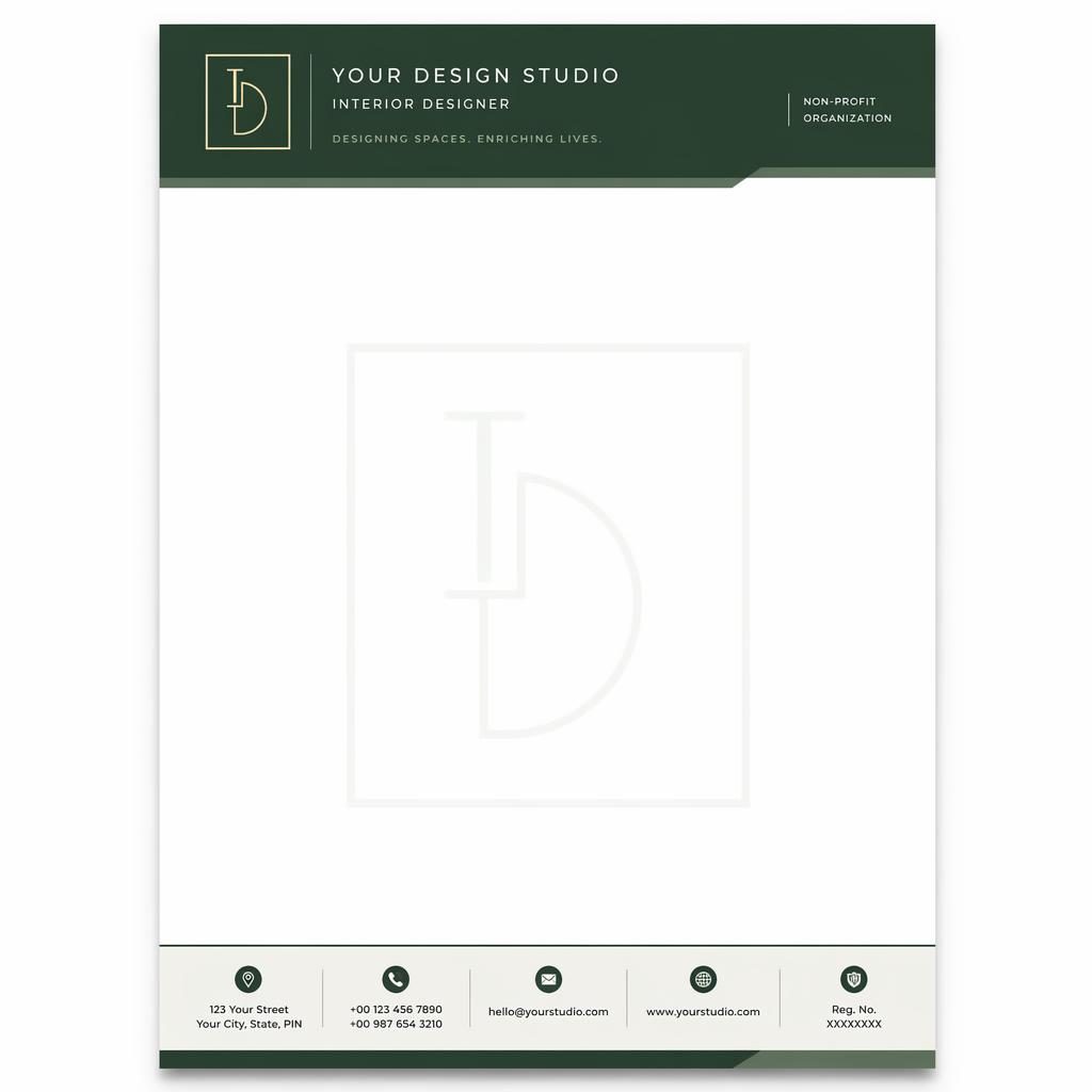 A4 portrait interior designer letterhead with forest green header, footer placeholders, subtle logo watermark, and wide text area