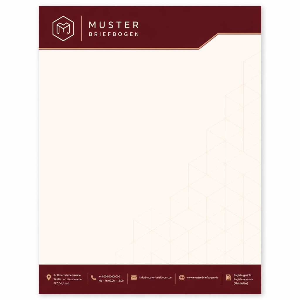 A4-Briefbogen in Bordeaux und Creme mit Kopfband, Platzhalter-Logo, Footer-Leiste und geometrischem Wasserzeichen