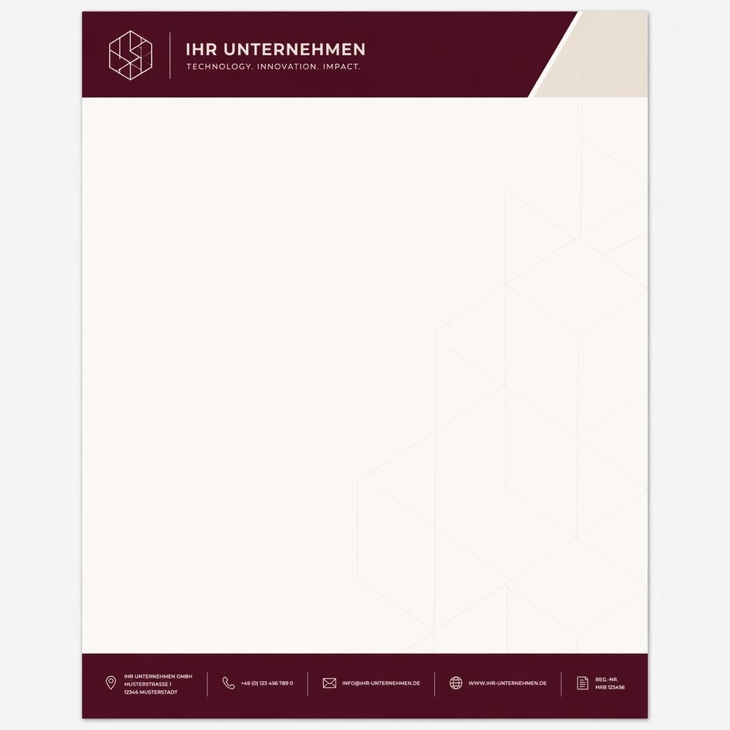 A4-Briefkopf im Tech-Startup-Stil mit Bordeaux-Creme-Header, Footer mit Platzhaltern und geometrischem Muster