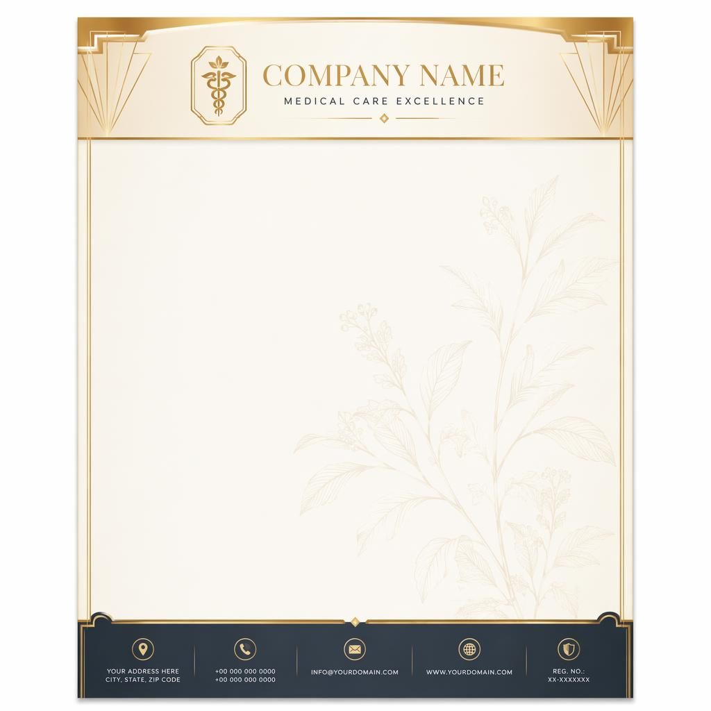 A4 portrait medical letterhead template in cream and gold, art deco header and footer, botanical watermark, logo and contact placeholders.