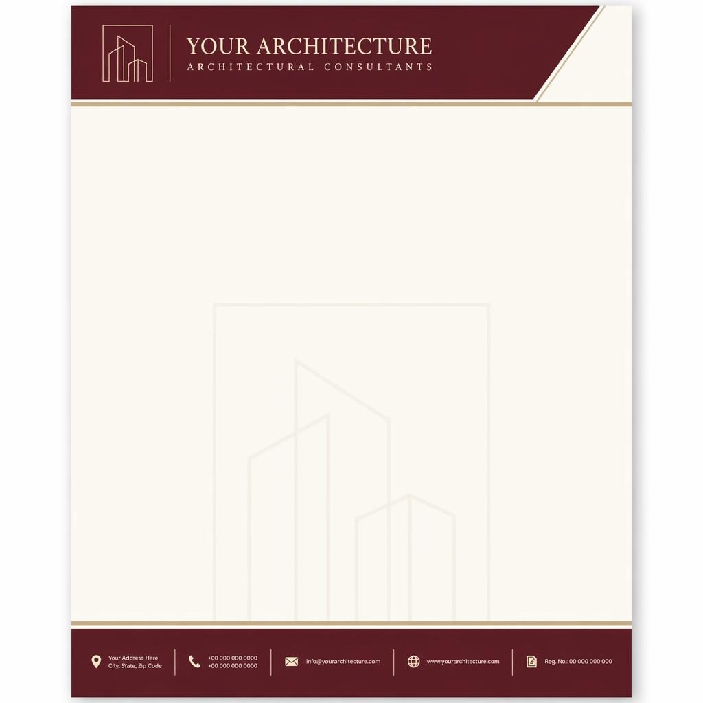 A4 portrait architecture letterhead template in burgundy and cream with header band, footer strip, subtle watermark logo