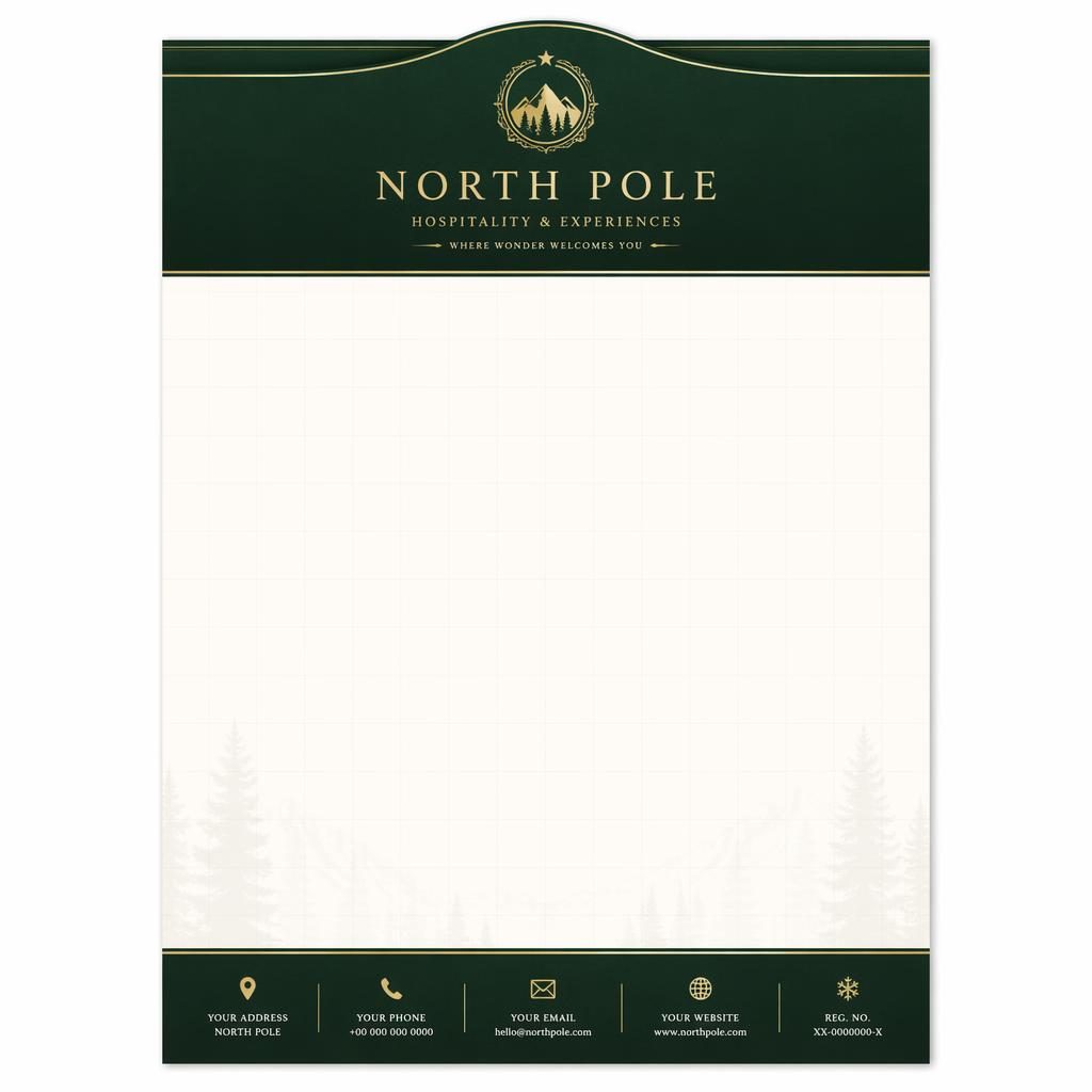 A4 portrait luxury letterhead template in forest green with serif header band, footer placeholders, grid watermark, and wide body area.