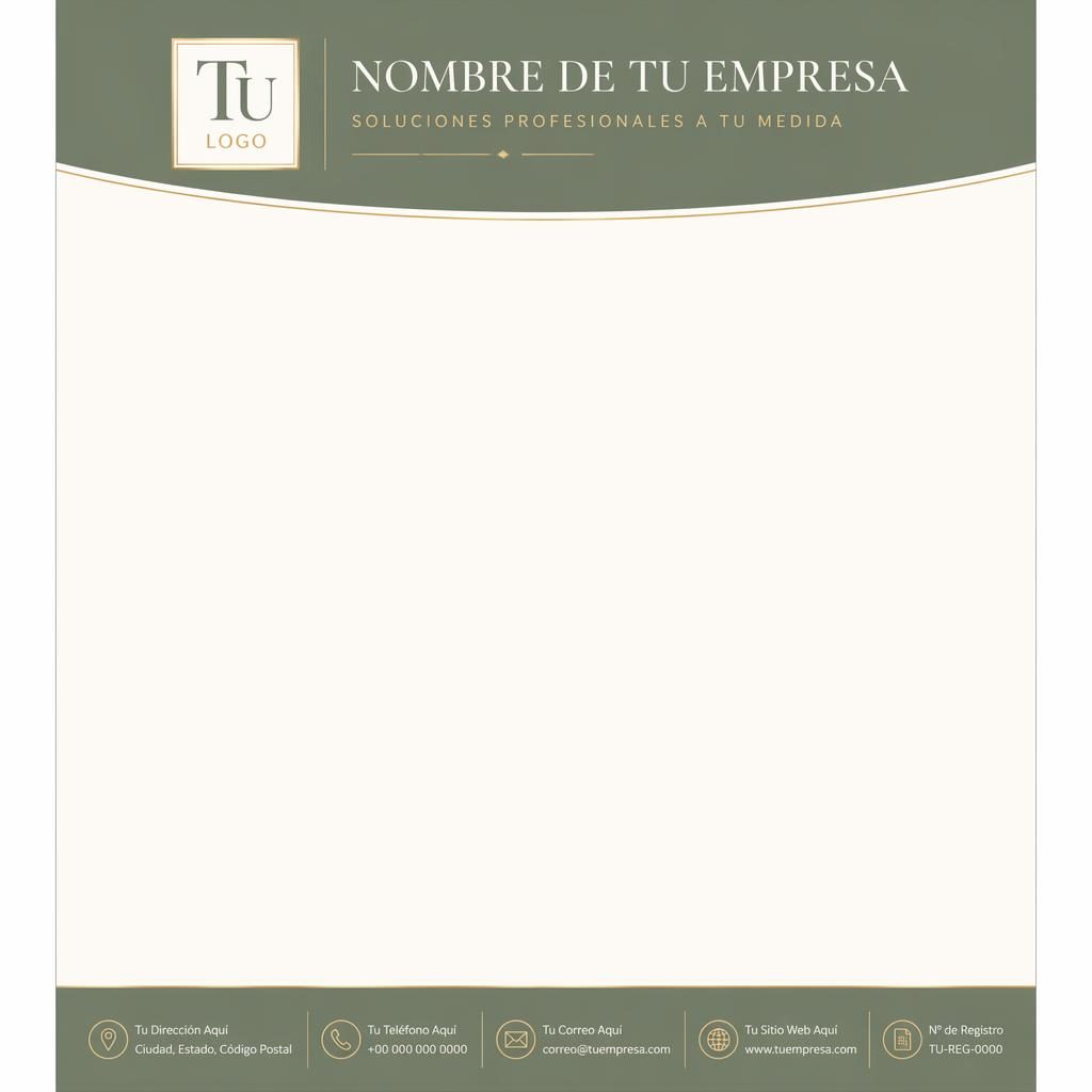 Plantilla de membrete A4 vertical en tonos salvia y marfil, con cabecera de logo, pie de datos y amplio espacio de texto.