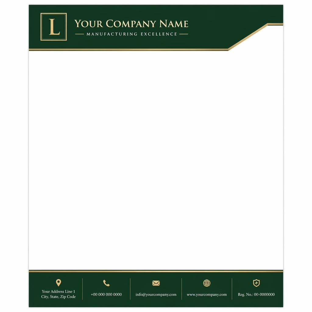 A4 portrait letterhead template with a forest green header band, serif styling, footer strip, and spacious body area.