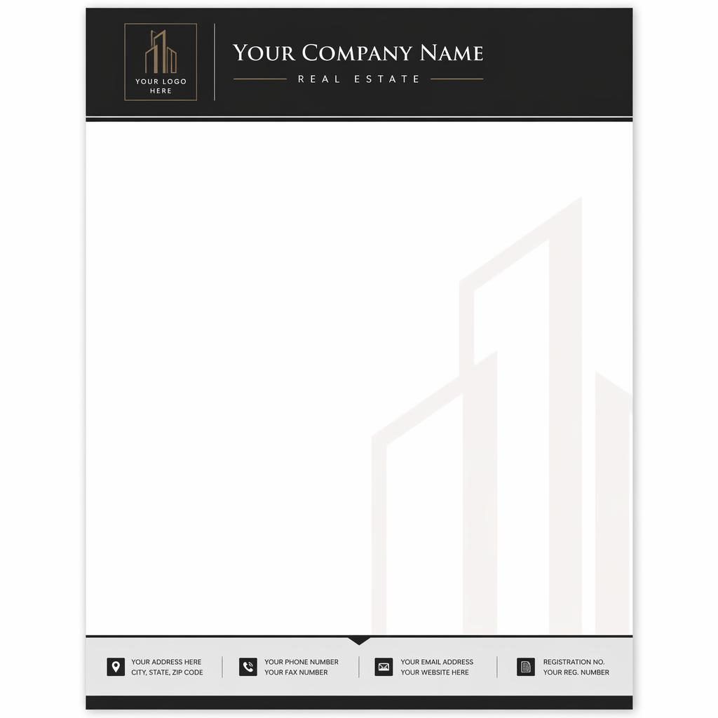 A4 portrait real estate letterhead with monochrome header band, logo placeholder, footer contact strip, and soft watermark