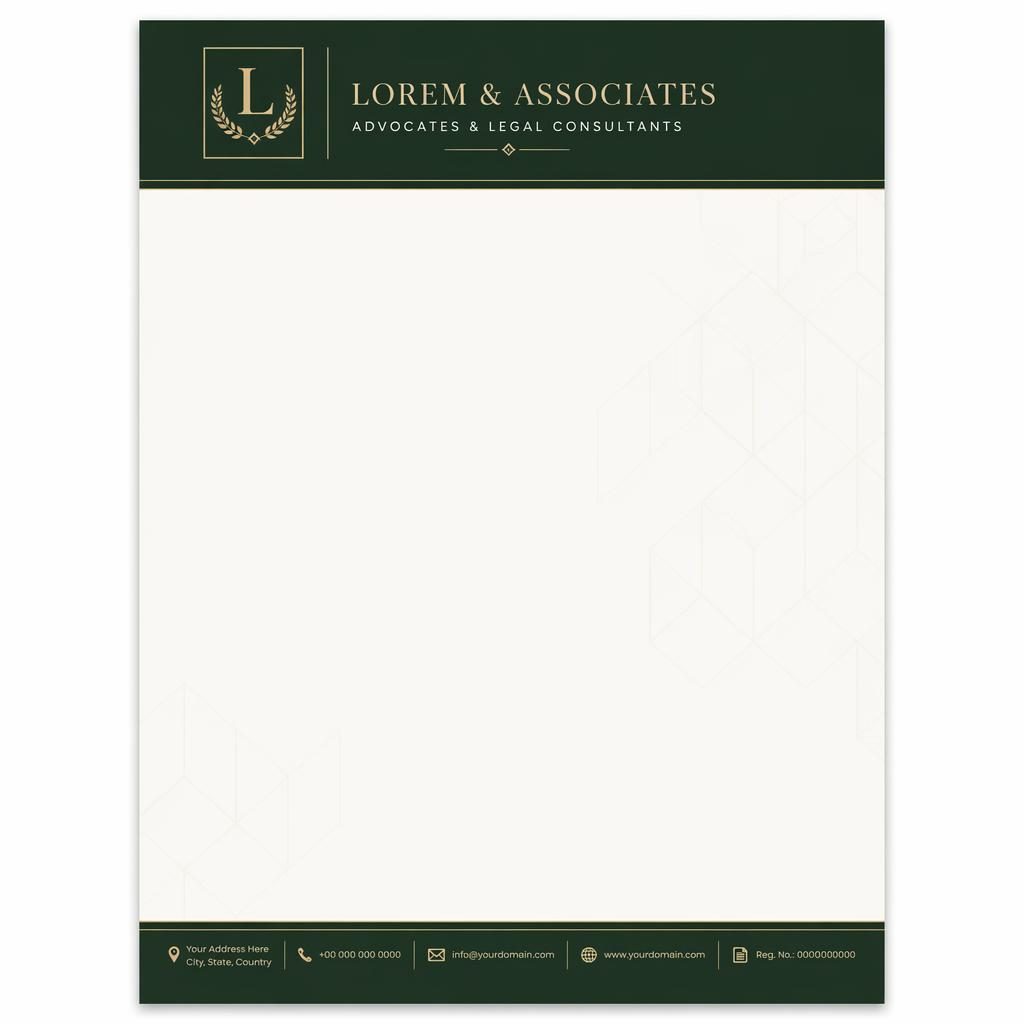 A4 portrait letterhead template with forest green header band, serif branding, geometric watermark, and footer contact placeholders