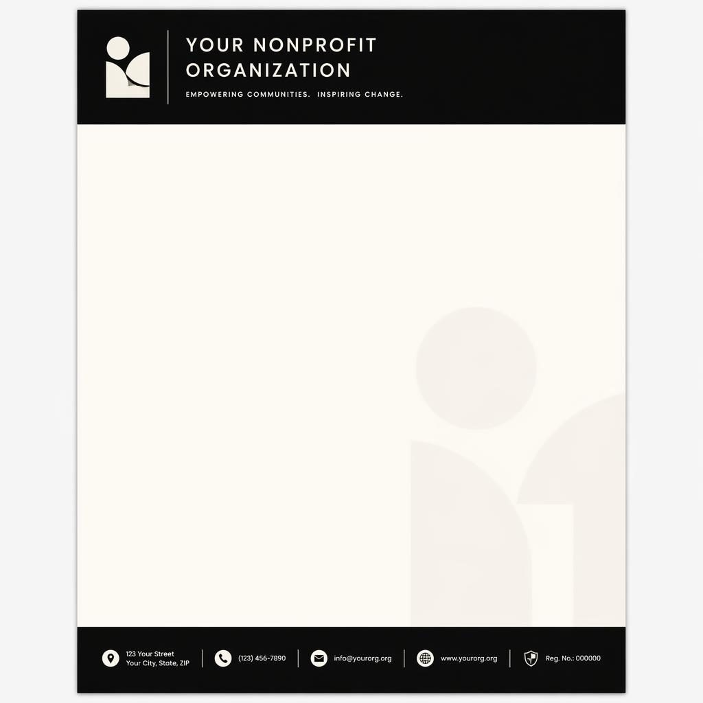A4 portrait bauhaus letterhead template in black and warm white with header band, footer strip, logo mark watermark.
