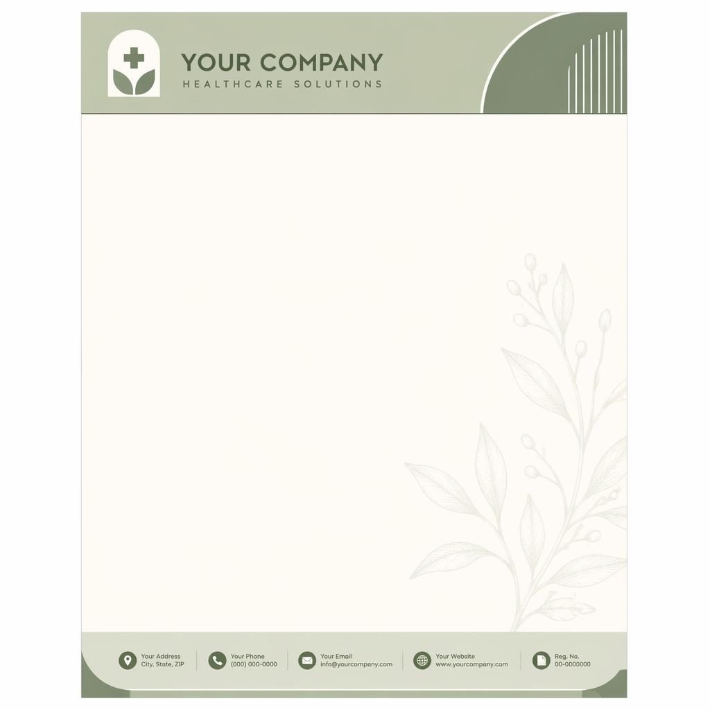 A4 portrait medical letterhead template in bauhaus style with sage and ivory header, footer, logo placeholder, and botanical watermark.