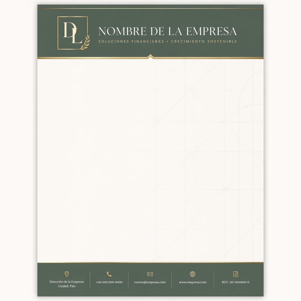 Plantilla A4 vertical de membrete empresarial financiero en verde salvia y marfil, con banda superior, pie y líneas sutiles.