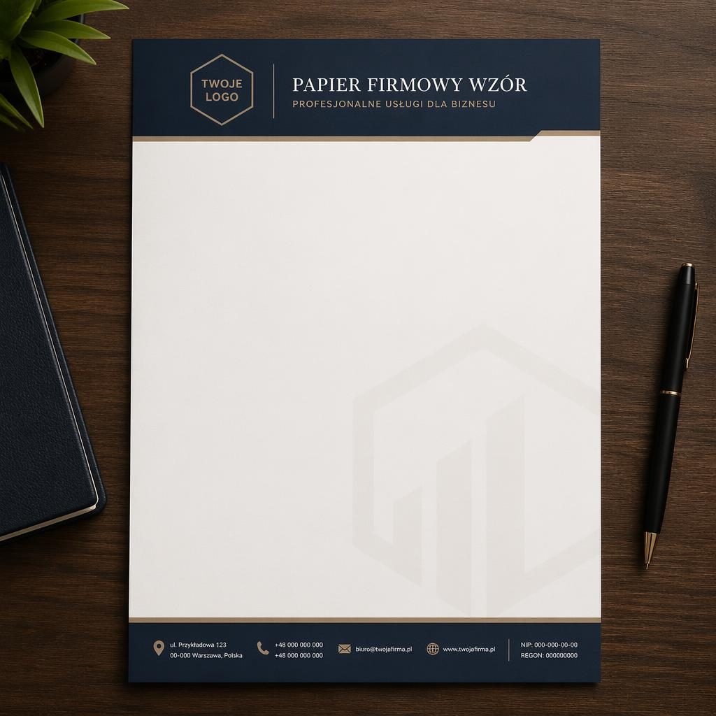Fotorealistyczny mockup papieru firmowego A4 z granatowym nagłówkiem, kremowym tłem i stopką danych firmy