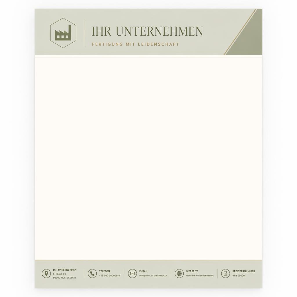 A4-Briefpapier im Hochformat mit salbei-elfenbeinfarbenem Header, Platzhalter-Logo, Firmenname und Footer-Leiste