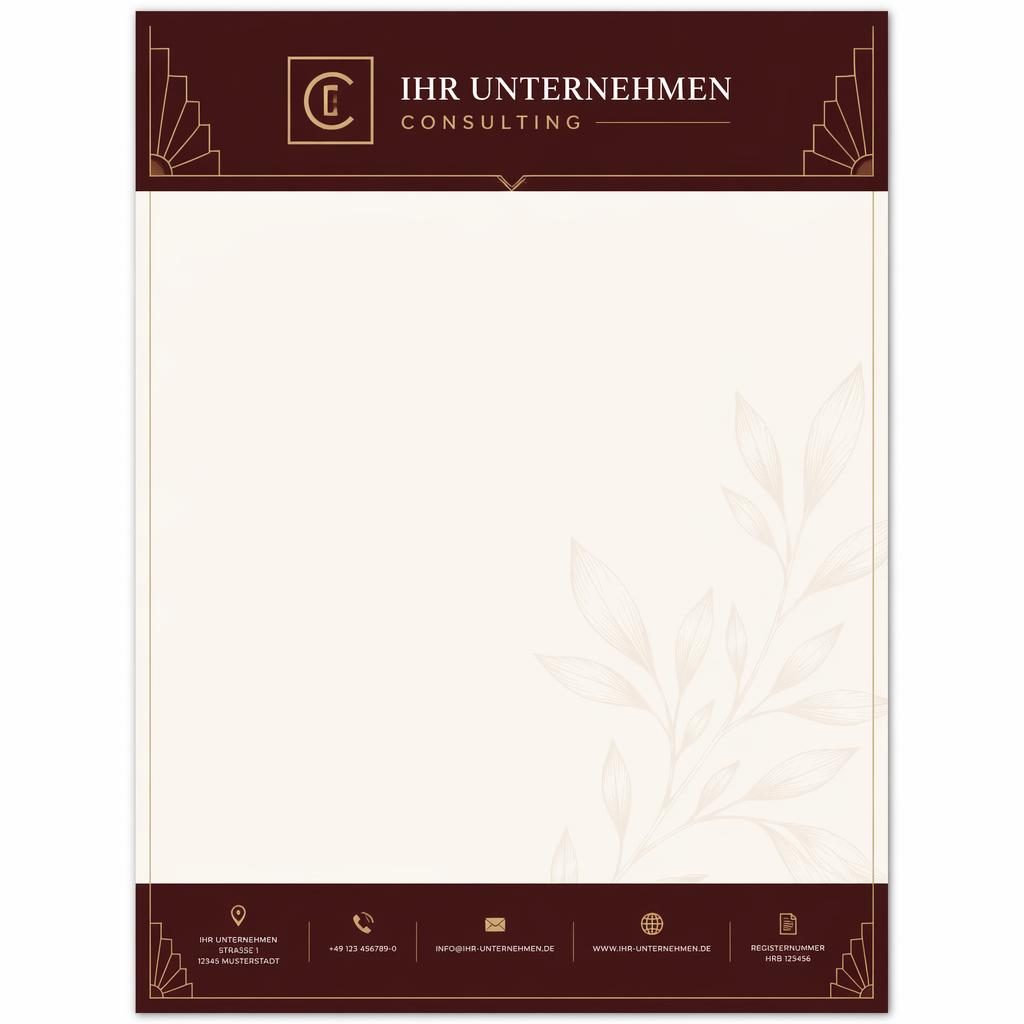 A4-Briefbogen im Art-Déco-Stil in Bordeaux und Creme mit Kopfband, Fußleiste, botanischem Wasserzeichen und Platzhaltern