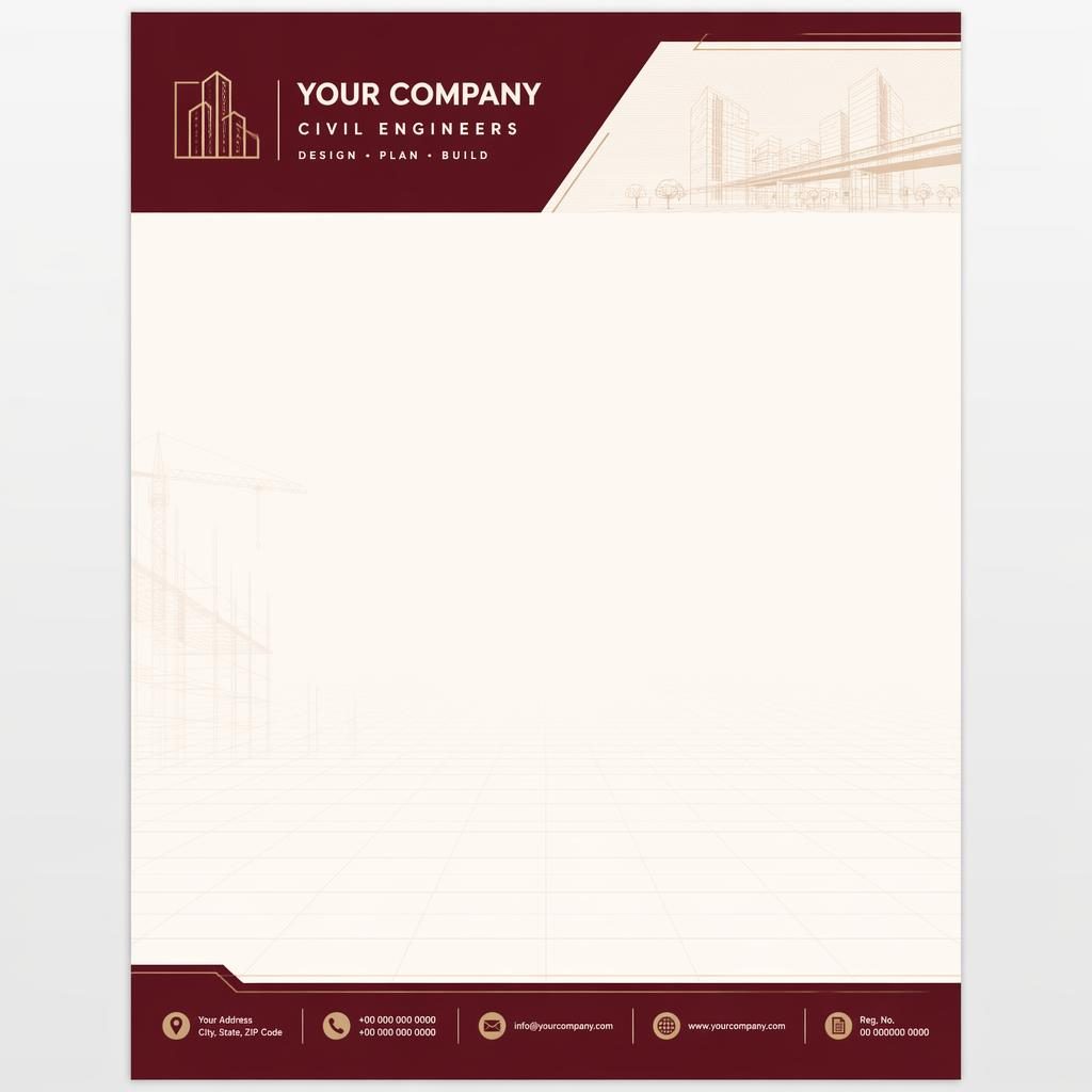A4 portrait civil engineer letterhead template with burgundy header, cream footer, logo placeholder, and grid watermark