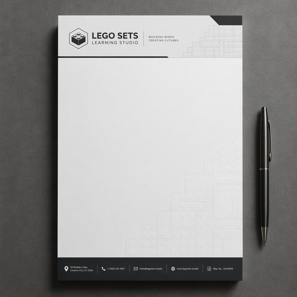 A4-briefpapier mockup met header, placeholder-logo, geometriche steenpattern en footer met contactgegevens