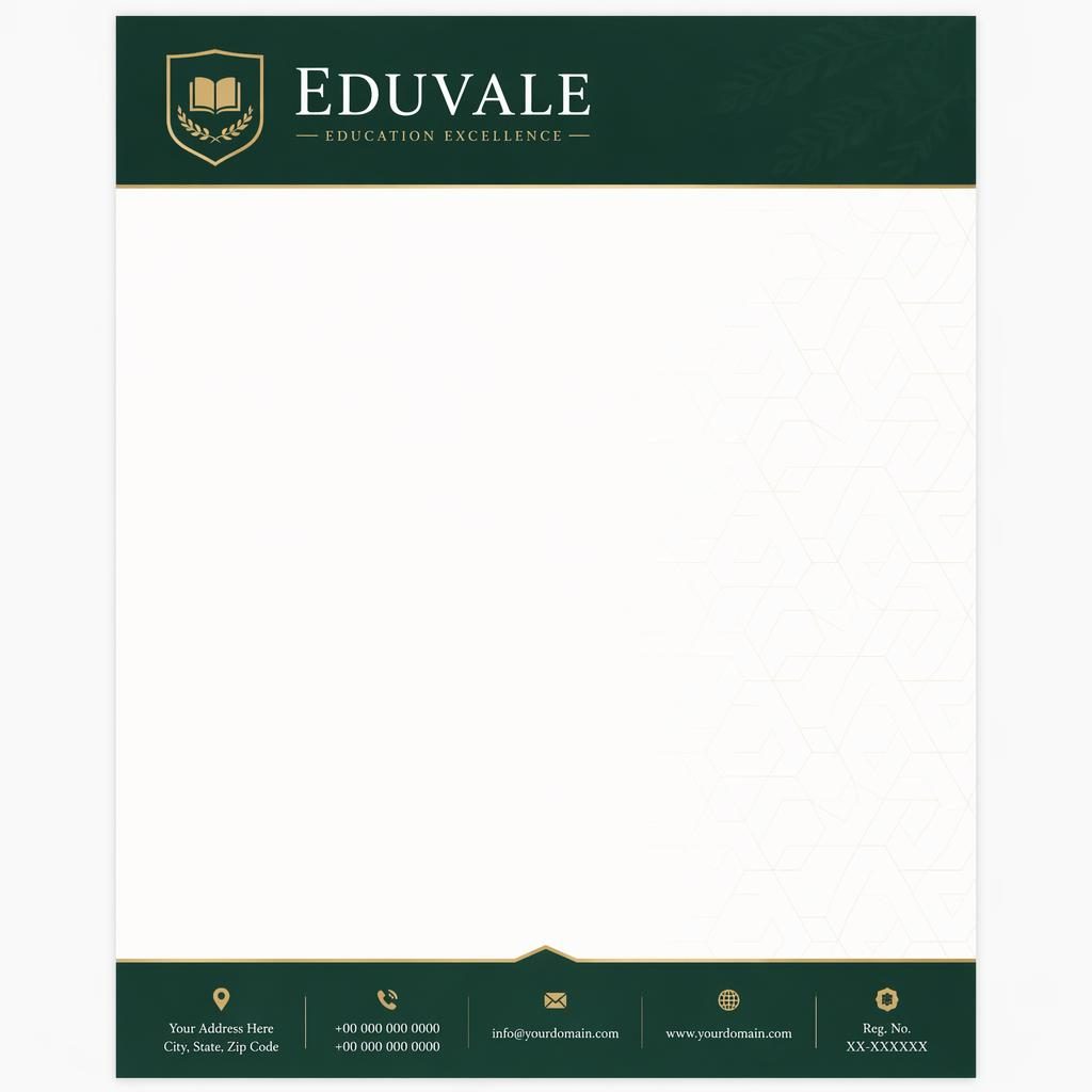 A4 portrait education letterhead template with forest green header, serif branding, geometric watermark, and footer placeholders.