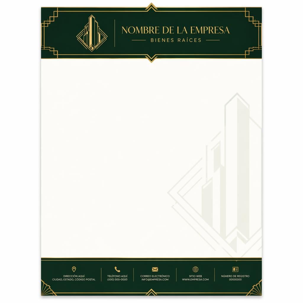 Plantilla A4 vertical de sobre membretado inmobiliario en verde bosque, con banda superior, pie de página y marca suave.