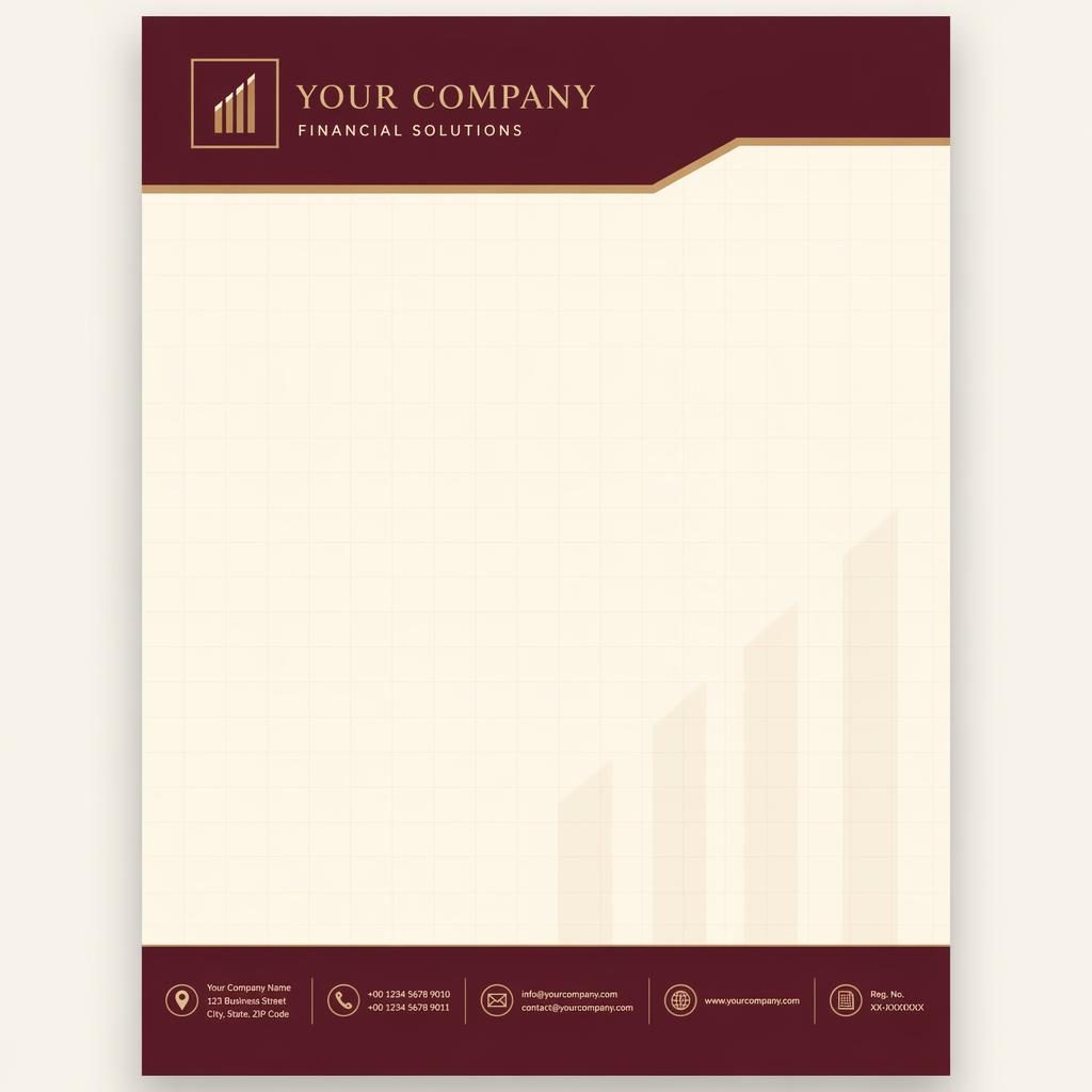 A4 portrait finance letterhead template in burgundy and cream with header band, footer strip, grid watermark, and logo placeholders