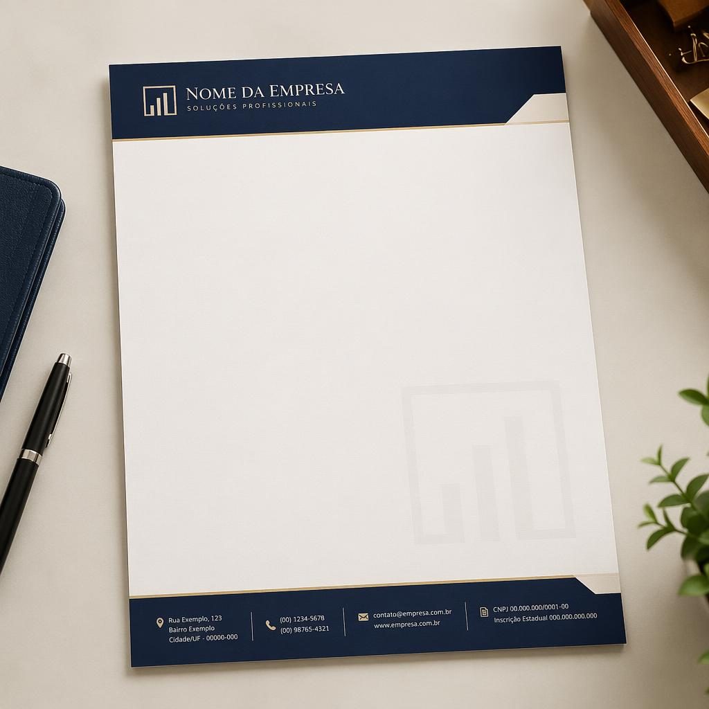 Mockup realista de papel timbrado A4 vertical com cabeçalho azul-marinho, rodapé informativo e área em branco.