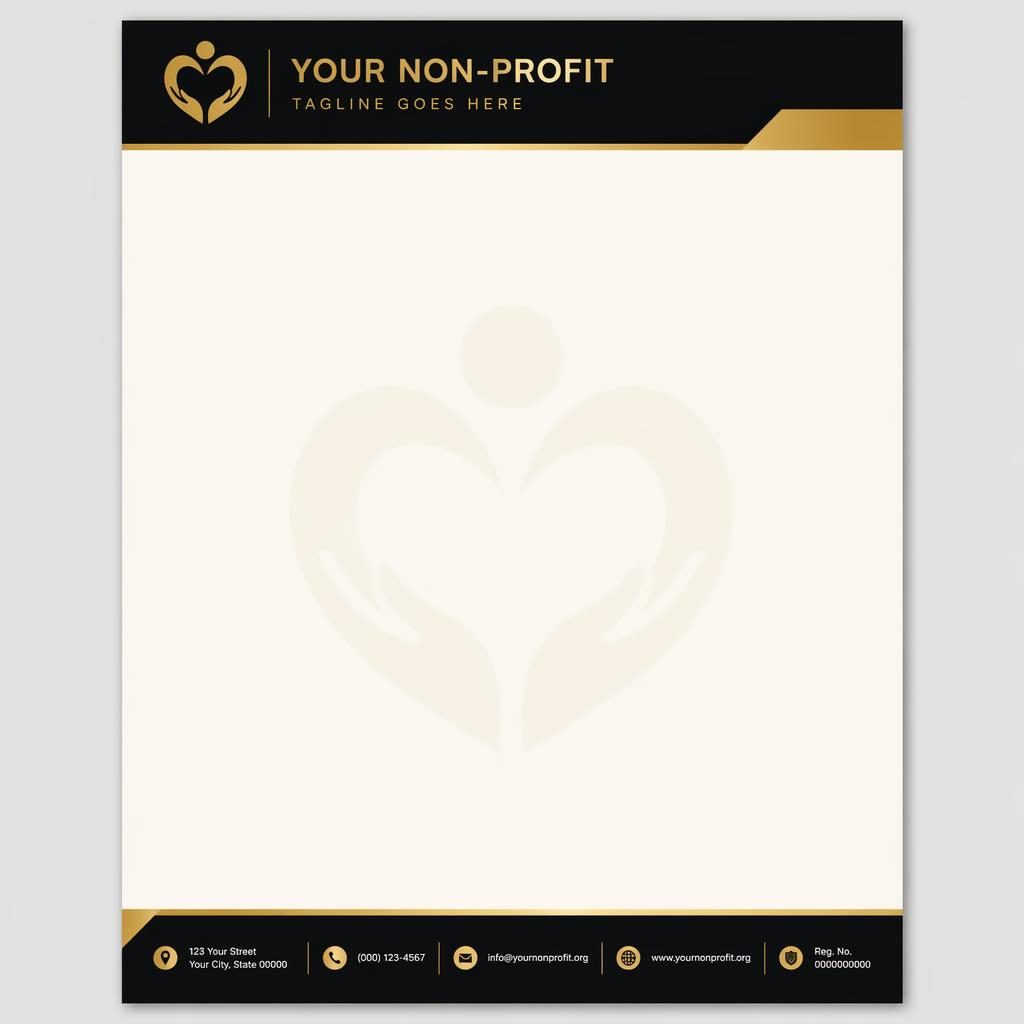 A4 portrait letterhead template with black and gold header, cream background, footer placeholders, and subtle logo watermark.