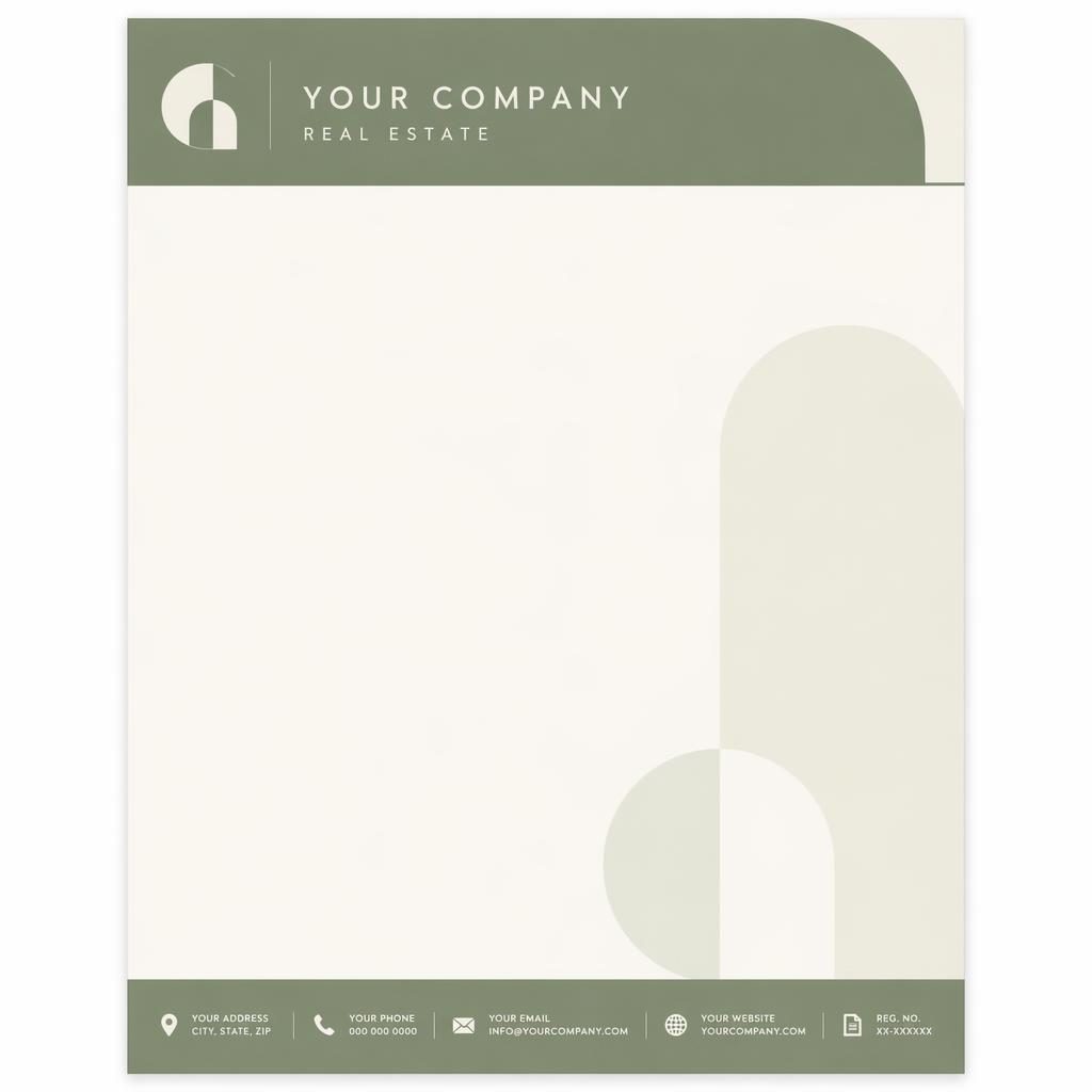 A4 portrait real estate letterhead template with sage and ivory Bauhaus header band, footer strip, logo placeholder, and soft watermark band