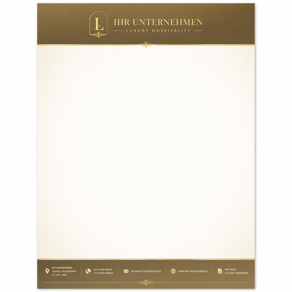 A4-Briefkopf Vordruck in Creme und Gold mit Serifenschrift, Kopfzeile, Fußleiste, Platzhaltern und feinen Rasterlinien