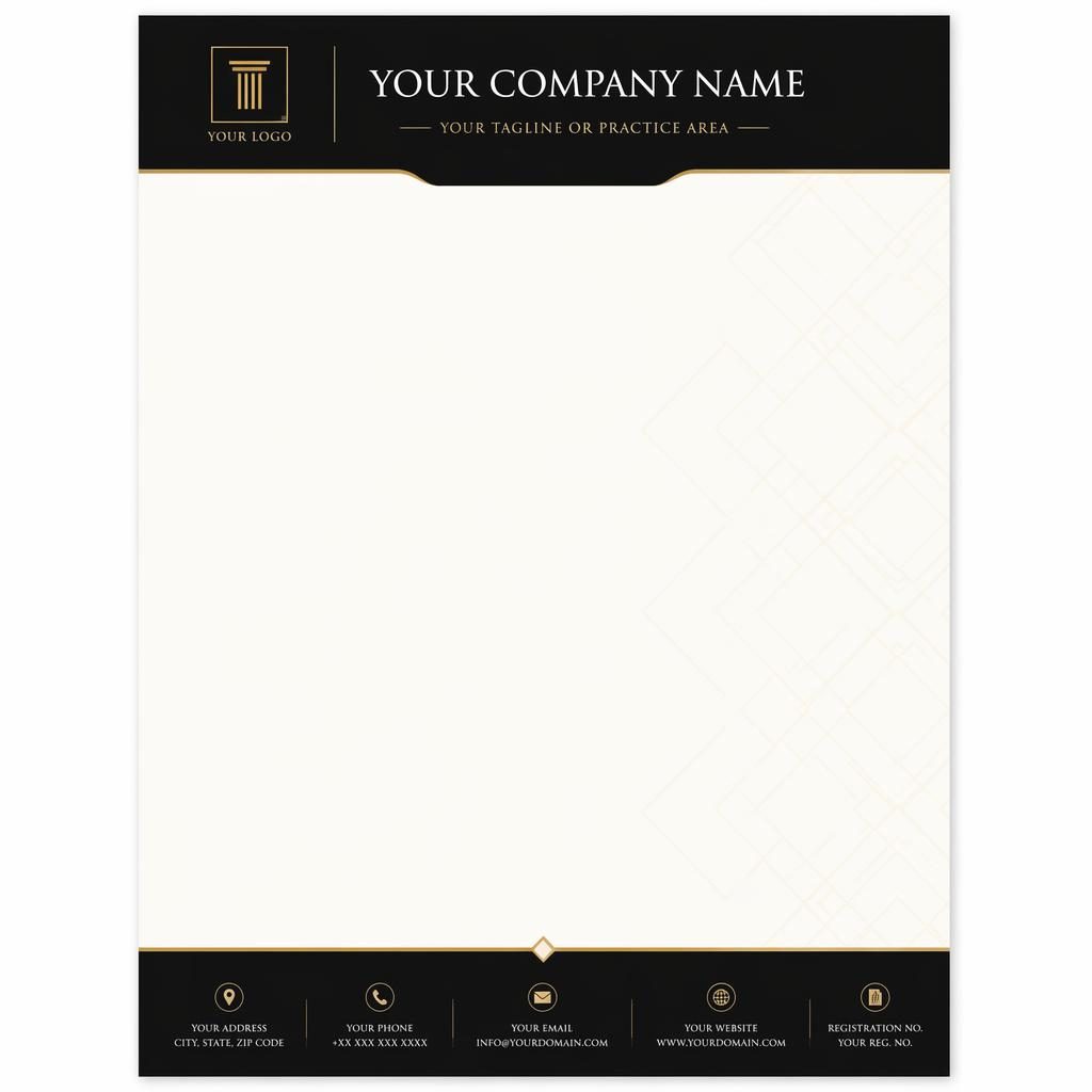 A4 portrait letterhead template with black and warm white palette, serif header band, footer strip, logo placeholder, and geometric watermark.