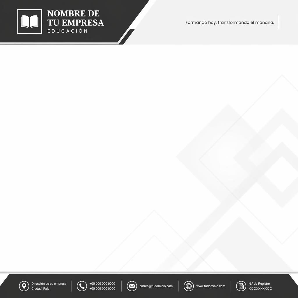 Plantilla de membrete A4 vertical en blanco y negro con banda superior, pie de página, logo genérico y patrón geométrico